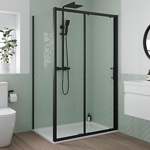Luxura® 1200 x 800mm Sliding Shower Enclosure Door Screen for Wet Room Cubicle Enclosures, 6mm Toughened Safety Glass, Framed, Reversible, Matt Black