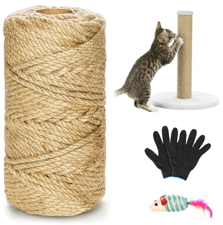 Sisal Rope for Cat,6mm (60M/197 FT) Natural Jute Rope with a Pair of Protective Gloves and Mice, Replacement for Cats Scratcher, Jute Rope for Cat Scratching Tree Home Garden DIY Decoration (Yellow)