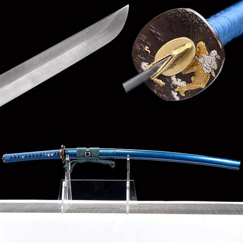 103 cm Japanisches handgefertigtes echtes Schwert,mit Scheide,Samurai-Schwert,handgeschmiedeter Musterstahl mit Federmuster,Handschutz reinem Kupfer + Massivholz-Hornscheide,für Cosplay,Kendo,Iaido