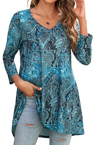 Enmain Tunique Femme Grande Taille Longue à Manche 3/4 Chemisier Femme Chic et Élégant Hiver Col en V Tunique Floraux Paisley Swing Lâche Blouse