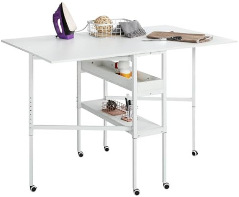 EROMMY Nähtisch Klappbar,Verstellbare Höhe,Holz Klapptisch mit Rädern und Stauraum,Mobiler Zuschneidetisch für große Stoffe,für Nähzimmer Arbeitszimmer Schlafzimmer zu Hause,Weiß