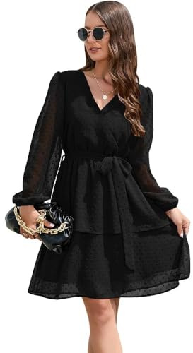 KOEMCY Vestido Mujeres Cuello en V Lunares Volantes Manga Larga Vestido con Cinturón Playa Vacaciones Oscilación Sundress Otoño (Negro, XL)