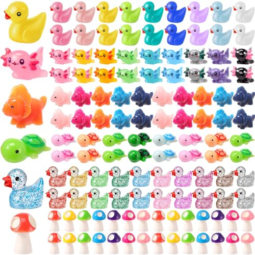 Barydat 200 Pcs Mini Resin Animals Figures Small Variety Animals to Hide Tiny Figures Miniature for Easter Party Favors Bag Fillers Gifts Landscape Garden Dollhouse Decorations (Duck,Turtle,Dinosaur)