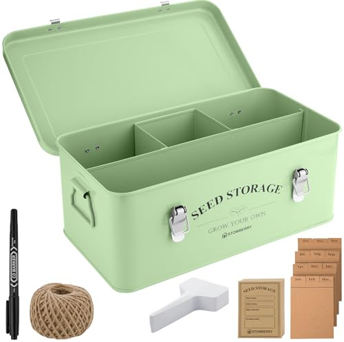 STOWBERRY Seed Storage Box Organiser – Garden Seeds Tin with Lid, Handles, 4 Compartments & Safety Lock – Seed Box for Gardeners with Over 100 Accessories – Perfect Gardening Gifts for Men and Women