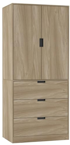 URBNLIVING Modern 2 Door Wardrobe with 3 Drawers & Hanging Rail, Stylish Freestanding Storage, Spacious Interior, Durable Chipboard Build, Easy to Assemble Bedroom Furniture