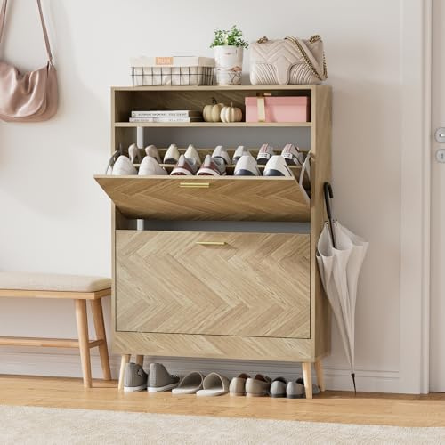 Skokliz Shoe Storage Cabinet, Narrow Shoes Cupboard with 2 Flip Drawers and Open Compartment, Hidden Wood Shoe Rack with Adjustable Shelves Freestanding for 10-12 Pairs Shoes, 80 x 24 x 115 cm