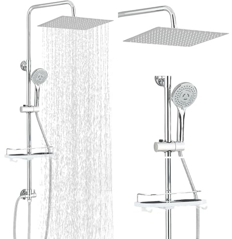 Hevenaov Duschsystem Duschset Duschstange Edelstahl Quadrat Kopfbrause 30x30cm,Handbrause mit 3 Strahlarten,Duscharmatur Ablage Chrom, Einfache Montage