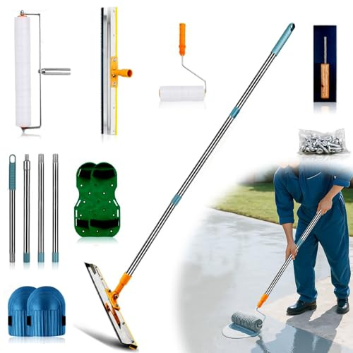 Kit de herramientas para cemento autonivelante, rodillo de burbujas para autonivelante, juego de rodillo de ventilación con rodillo de púas, rascador, zapatos con clavos, barra de extensión