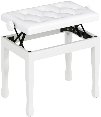 HOMCOM Klavierbank, höhenverstellbare Keyboardbank aus Massivholz, Klavierhocker mit gepolsterter Polyurethan-Sitzfläche mit 10 Knöpfen, stabil und rutschfest, Belastung 200kg, weiß