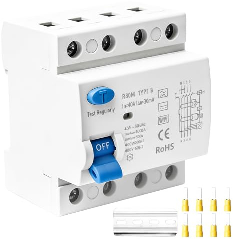 Fi Schutzschalter Typ B 40A 30mA 4P, Fi Typ B, Fi-Schalter 4 Polig RCD Fehlerstromschutzschalter TypB Schalter Allstromintensiv DIN Hutschiene für Sicherungsautomaten Wallboxen Ladestationen
