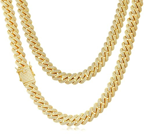 Esrael 14 mm låtsguld män isad kubansk kedja fin klänning smycken joker tillbehör för män guldkedjor halsband hiphop smycken presenter 50–78 cm, 28Inch(70cm), Guld, Ingen ädelsten