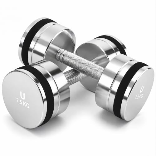 unycos - Par de Mancuernas Ajustables【7,5 kg】Acero Inoxidable Cromado, Pesas con Mango Antideslizante y Anillos de Silicona para Reducir Fricción, Entrenamiento y Gimnasio en Casa (Titan Transformer)