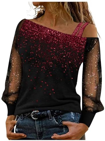Haut Paillettes Femme Soirée Brillantes T-Shirt Sexy Manches Longues Fête Soirée Party Club Tops avec Paillettes Blouses Chemisiers de fête Chic et Élégant Vêtement Tunique Transparent Chemisiers 2026