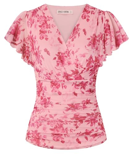 GRACE KARIN Camicette da donna floreali Boho Top corto con maniche a volant avvolgente tunica camicetta primavera estate per uscire top