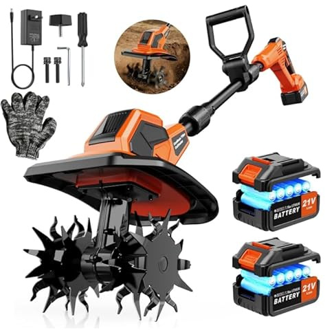 Motoazada Inalámbrica 600W, 21V Motocultor Eléctrico,Motozappa con 2 baterías de 3000 mAh, 23cm de Ancho Trabajo, 17cm de Profundidad, Mango Ajustable, sin escobillas, 400 RPM, motoazada para Suelos