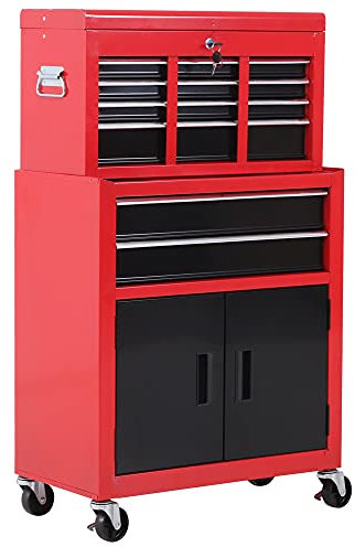 HOMCOM Servante d'atelier servante/ caisse à outil 6 tiroir +1 commode coffre amovible chariot acier rouge et noir