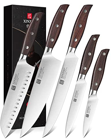 XINZUO 5 Pezzi Set di Coltelli da Cucina Acciaio Inossidabile Tedesco 1.4116, Professionale Coltello da Chef Santoku Affettare Universali Frutta, Manico Red Sandalwood