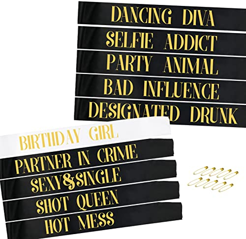 TEUVO Geburtstag Schärpe Birthday Sashes for Girls, 10 Stück Schärpe Satz mit 9 Stück Schwarz Satin Geburtstag Schärpen + 1 Stück Weiß Birthday Girl Sash zum Geburtstag Party Accessoires Geschenk