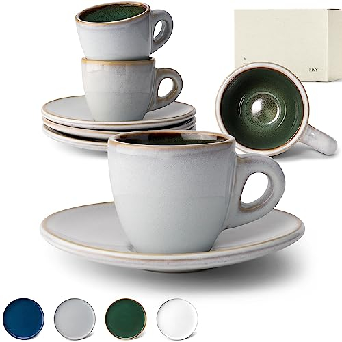 KIVY Juego de 4 tazas de espresso (4 x 75 ml) – Hecho a mano de cerámica gruesa – Juego de tazas de café expreso verde con platillo – tazas de café espresso italiano grueso – Taza de café moka