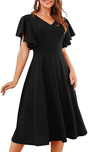 Bridesmay Women Casual Tea Dresses Flared Sleeve Vintage Cocktail Dresses Modest Dresses for Church Midi Women's Wear to Work Dresses Black S