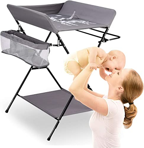 Baby Klappbarer Wickeltisch，Mobiler Wickeltisch mit Rollen und Wickelauflage,Wasserdicht und Höhenverstellbar，Baby Wickelkombi mit Ablagefächern-80 * 66 * 98cm grau