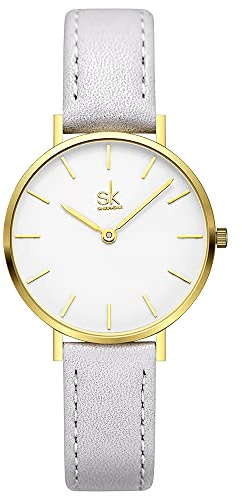 SK Ultradünne Minialistische Damenuhren Einfache Zwei Zeiger Damen Kleid Uhr Lederband, grau