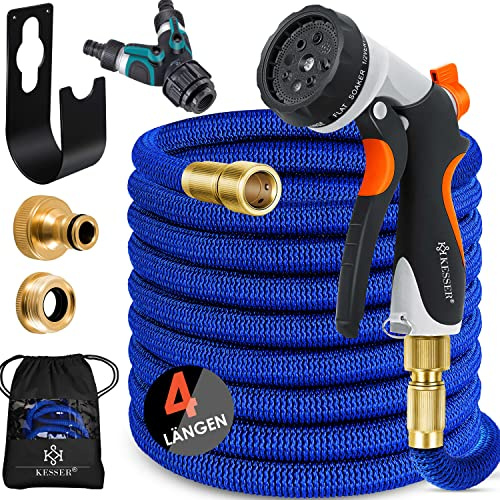 KESSER® Manguera de Jardín Flexible Premium | Expansible + Soporte de Pared | Manguera de Agua Flexible con Núcleo de Látex de Triple Capa | Conexiones de Latón de 30 metros Azul
