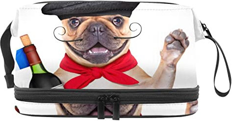 Bolsa de maquillaje – Bolsa de cosméticos de viaje de gran capacidad, bulldog francés con boina de vino tinto, Multicolor, 27x15x14 cm/10.6x5.9x5.5 in