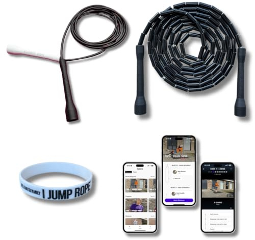 Elevate Rope - Corda per saltare in bundle con app Allenamento – 2 x Jump Rope regolabili – Adulti e bambini – Velocità + corda di perle – Condizioni & trucchi – Interno/esterno – Set di corde per