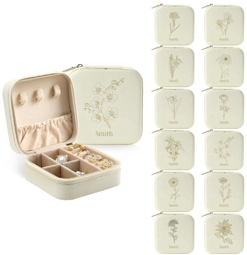 papasgix Personalised Mini Jewellery Box for Women, Customized Jewellery Travel Case with Name and Birth Flower, Portable Ring Holder Organizer Gifts for Girls Mothers Day