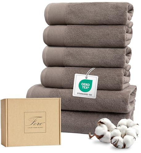 Ferò Luxus Handtücher Set, 6-teilig, 100% Baumwolle Low Twist 550 g/m², Ultra Weich und Saugstark, Oeko-TEX, Italienisches Design, Bath Towels, 4 Handtücher 50x100cm, 2 Badetuch 70x140cm, Taubengrau