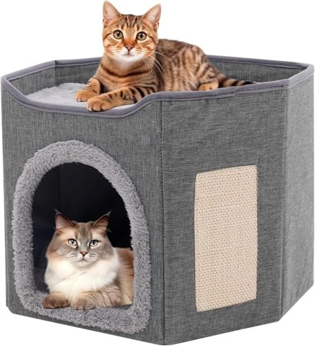 Large Cat House Cat Beds for Indoor Cats 2 Layer Kittens Cave for Pet Foldable Cat Hideaway Covered Kitten Condos with Scratch Pad Cushions Cats Cube for Small Medium Pets Kitten Dogs for All Seasons