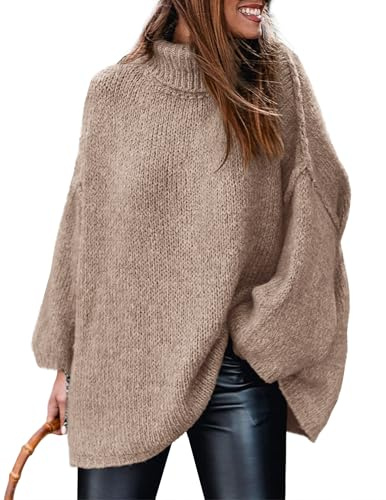 PRETTYGARDEN Women's 2025 Fall Turtleneck Oversized Sweaters Long Sleeve Chunky Knit Pullover Tops Winter Fashion Clothes (Khaki,Medium)