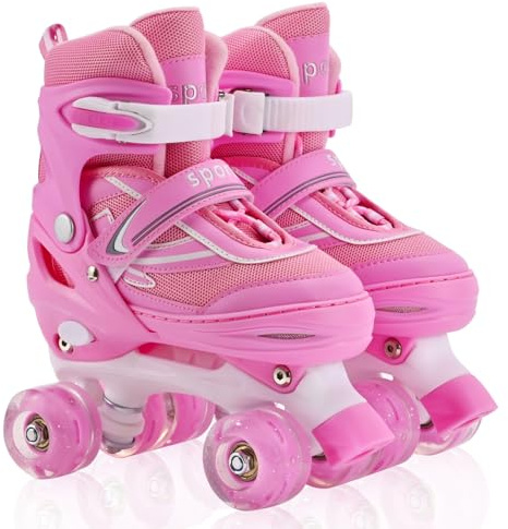 Roller Enfant Fille, Patins à roulettes pour Enfants, Garçons et débutants, 4 Tailles, Réglables, Adaptés pour L'intérieur et L'extérieur (Rose, M)