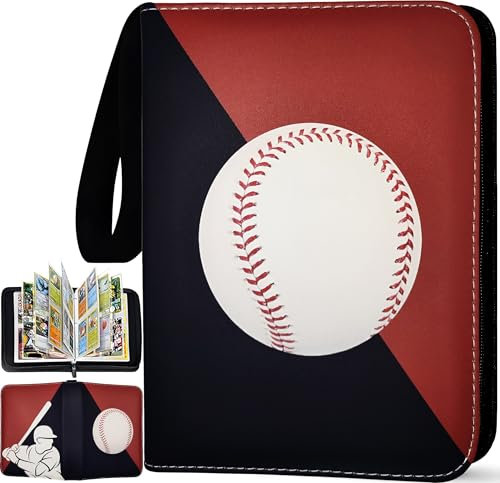 Baseball Card Binder 440 Pockets, 55 Sleeves Large Baseball Binder 3 Ring Zipper Trading Cards Holder 4 Pocket, Sport Card Collection Folder Book Storage Organizer, Album Case Protector Collector Gift