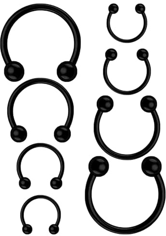 KGDUYC Aros de piercing - 4 pares de piercings de herradura para la nariz, labio, tragus, hélix y oreja, Acero inoxidable, Negro, 16G, 6/8/10/12 mm
