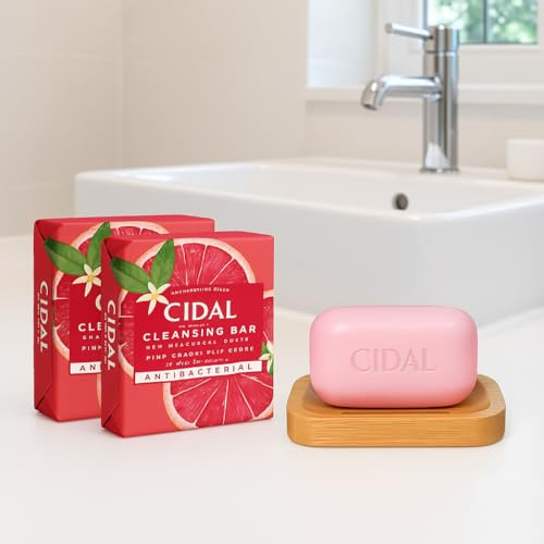 Cidal Pink Grapefruit Cleansing Bar Soap Bar, Antibacterial, With Grapefruit Extract 4x100 gr + Dr Cosi Natural Wooden Bamboo Soap Dish Storage Holder-Cleaning Set