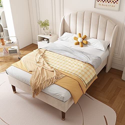 BTM Lit Capitonné 90x200 cm, Lit Simple Enfant avec Sommier à Lattes en Bois, Motif à Rayée, en Velours pour Adolescent, Beige (sans Matelas)