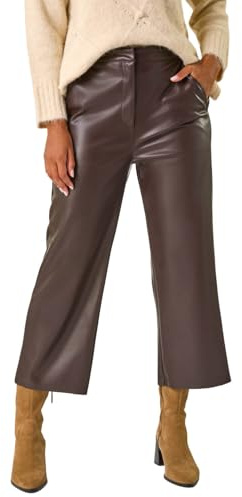 Roman Originals Faux Leather Wide Leg Crop Trousers for Women UK - Ladies Everyday Autumn Winter Comfy Soft Evening Vacation Work Party Night Out - Chocolate - Size 18