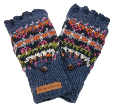 Pachamama Manoplas de lana sin dedos para mujer, tejidas a mano, tradicional, Fairisle, coloridas, talla única, hechas a mano, extra cálidas, de comercio justo, azul vaquero, Taille unique