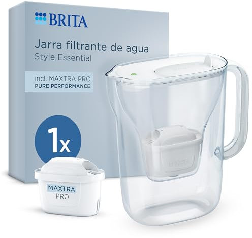 BRITA Jarra filtrante Style Essential Blanca (2.4L) incl. 1x MAXTRA PRO PURE PERFORMANCE | Compatible con la puerta del frigorífico, con indicador LED, filtra impurezas, metales y mucho más