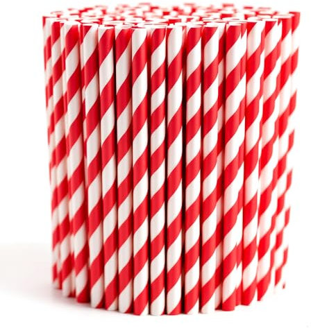 100-Pack Biodegradable Paper Straws – Thick & Non-Soggy – Plastic-Free, Recyclable, Durable Drinking, Juice, Coffee, and Cold Drinks Eco-Friendly Stripped Straws for Party - Red & White
