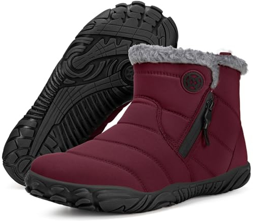 Barefoot Boots for Men Women Winter Snow Boots Warm Fur Lined Walking Shoes Wide Toe Box Outdoor, Red Wine, 6.5 UK