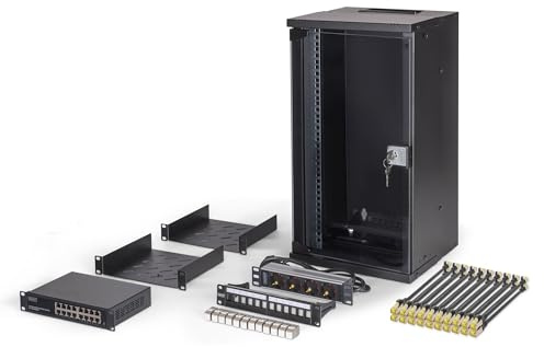 DIGITUS 10-tums nätverkssats - 9U nätverksskåp - hylla - uttagslist - 16-portars switch - 12-portars patchpanel - 12 keystone-moduler - 20 patchkablar - SOHO Pro - svart