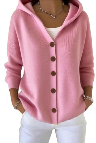 Cardigans à capuche pour femmes - Mode UK - Cardigan boutonné avec capuche - Cardigan tricoté décontracté à coupe ample avec capuche - Pull à col rond ouvert pour dames - Vêtement extérieur automne