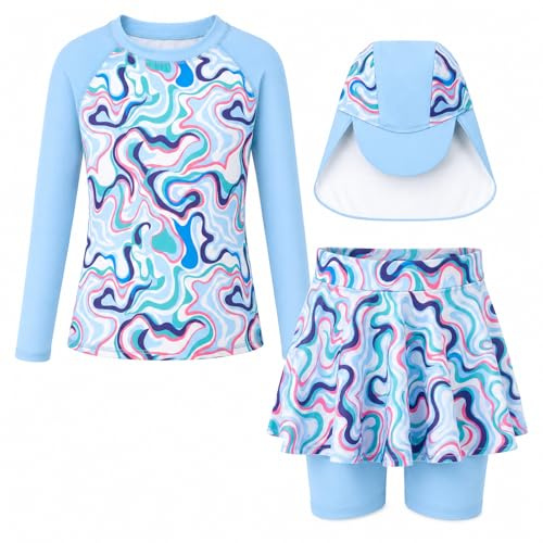 Costume da bagno per ragazze, 3 pezzi, a maniche lunghe, protezione dai raggi UV, maglia con pantaloni corti e cuffia da nuoto, 4-9 anni, Onde blu., 4-5 Anni