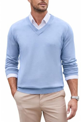 COOFANDY Pull-Over Homme Col V à Motif Losanges Rétro Chic, Pulls Maille Fine Légère, Pull Casual Business Coupe Classique Sweater Pullover Bleu Clair XL