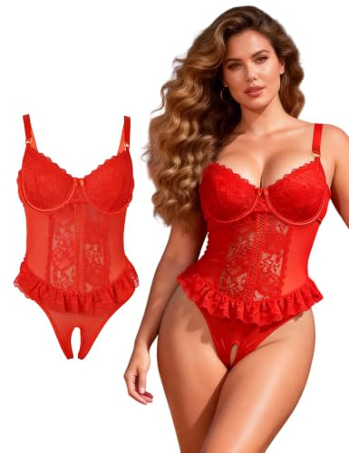 ohyeahlady Body Femme Ouvert Entrejambe Dentelle Grande Taille XXL,Rouge