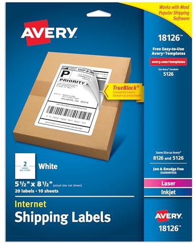 Avery Half-Sheet Printable Shipping Labels, 5.5 x 8.5 Customizable Stickers, White, 20 Blank Mailing Labels, Great for Mailing, Shipping, Organizing, and More (18126)