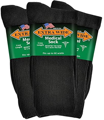Extra Wide Medical Mid Calf Crew (Pack of 3), Made in USA, for Men and Women (US, Alpha, Large, Regular, Regular, Black)